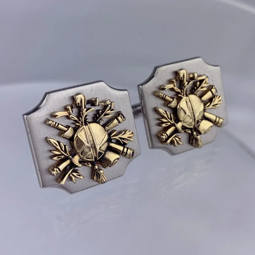 Insignia Heraldic Silver Tone Cufflinks Scroll Sword Telescope Swank Vintage